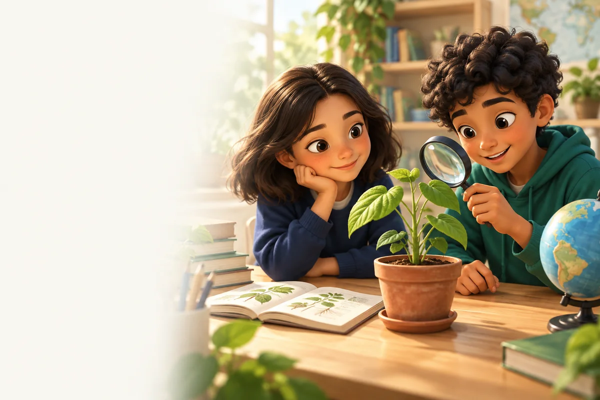 Two learners carefully observing a plant with a magnifying glass
