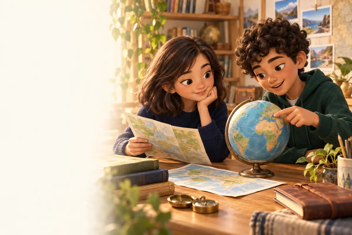 Young learners exploring a globe, maps and cultural objects