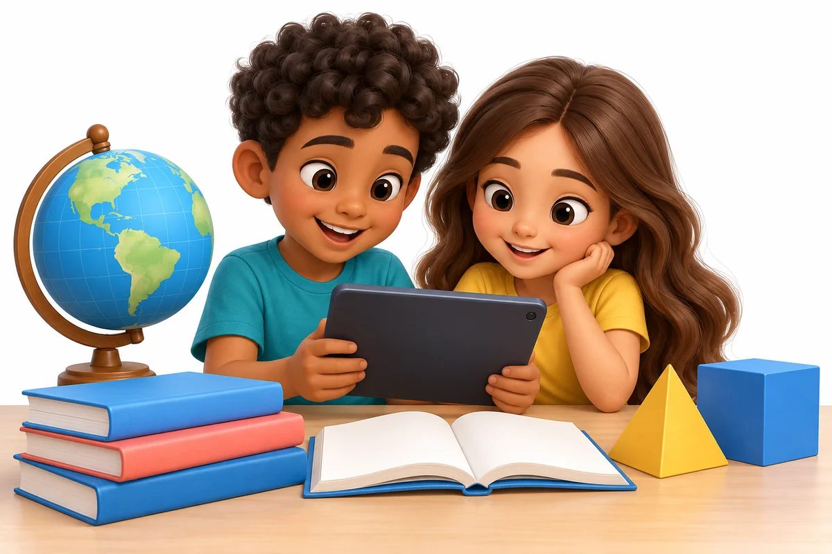 Two learners exploring ideas together on a tablet, with books, a globe and geometric shapes.