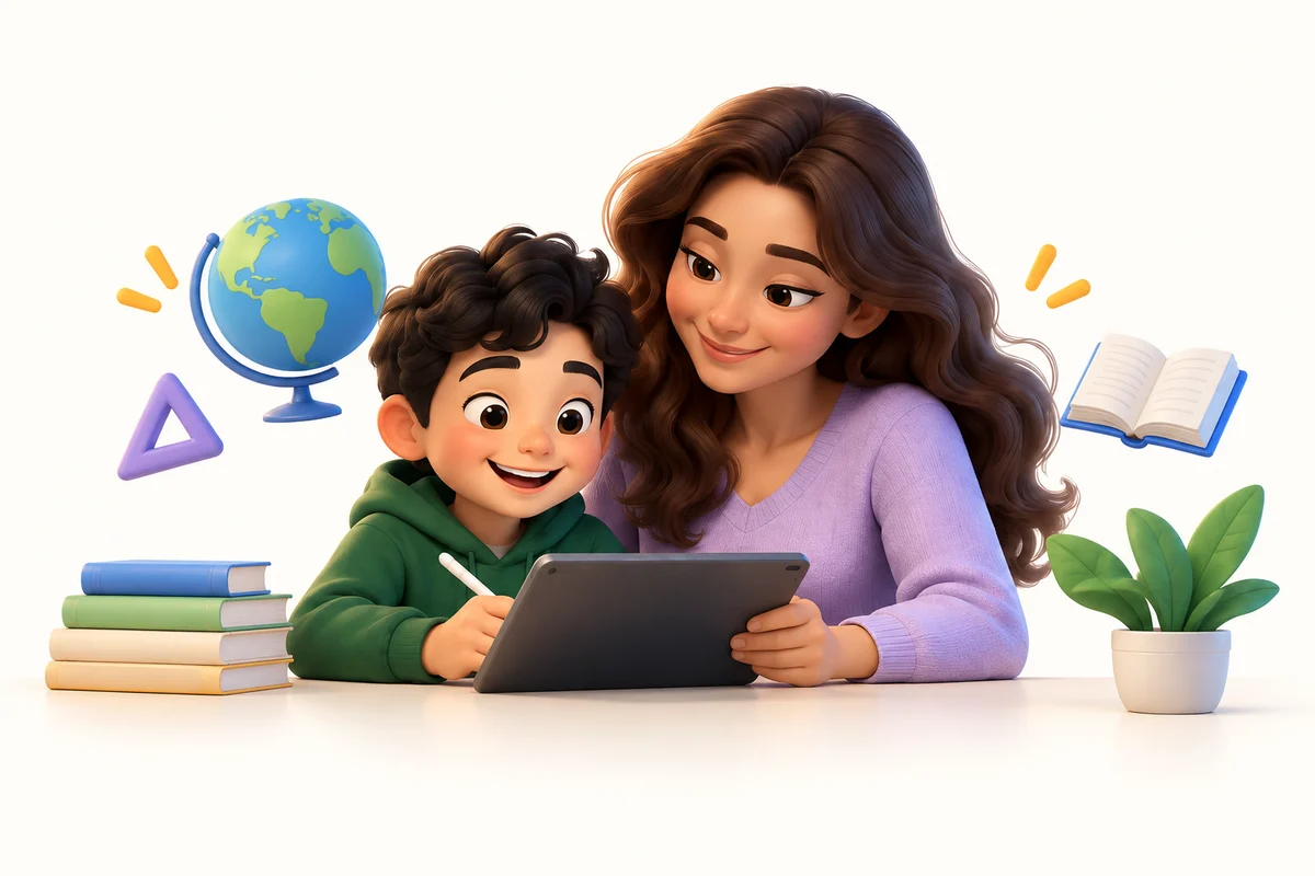 رسم لأم وطفل يتعلمان معاً باستعمال جهاز لوحي.